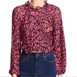 NEW C/MEO Collective Navy Hot Pink Ruffle Balloon Sleeve Top Sz S